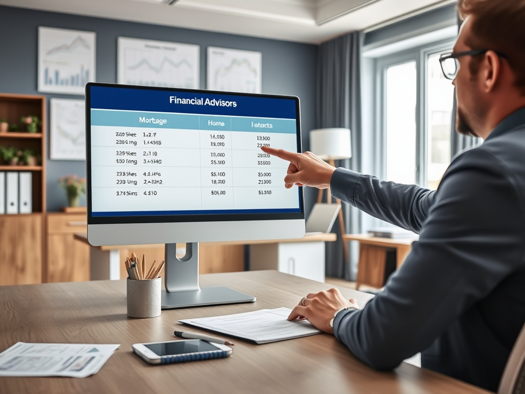 На экране компьютерной программы таблица для финансовых advisors с данными по ипотеке и домашним кредитам.