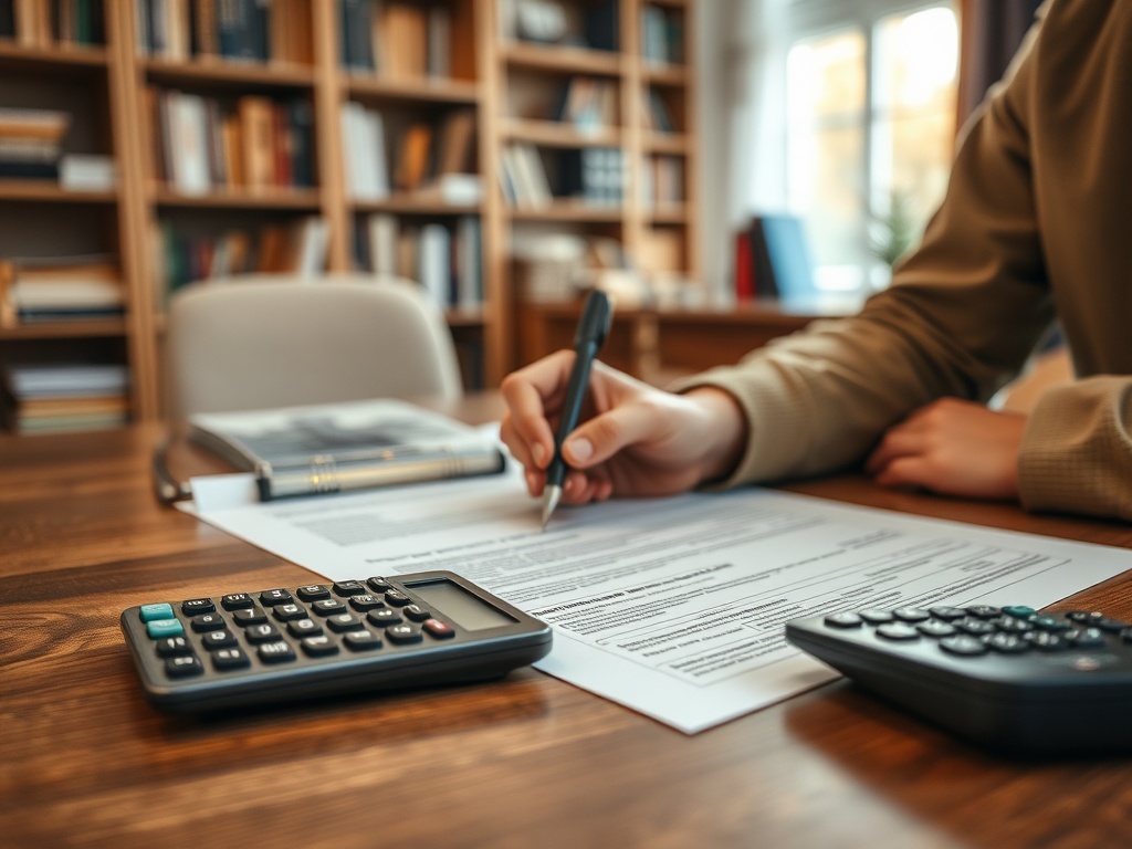 На столе лежит документ, калькулятор и человек, заполняющий бумаги в уютном офисе.