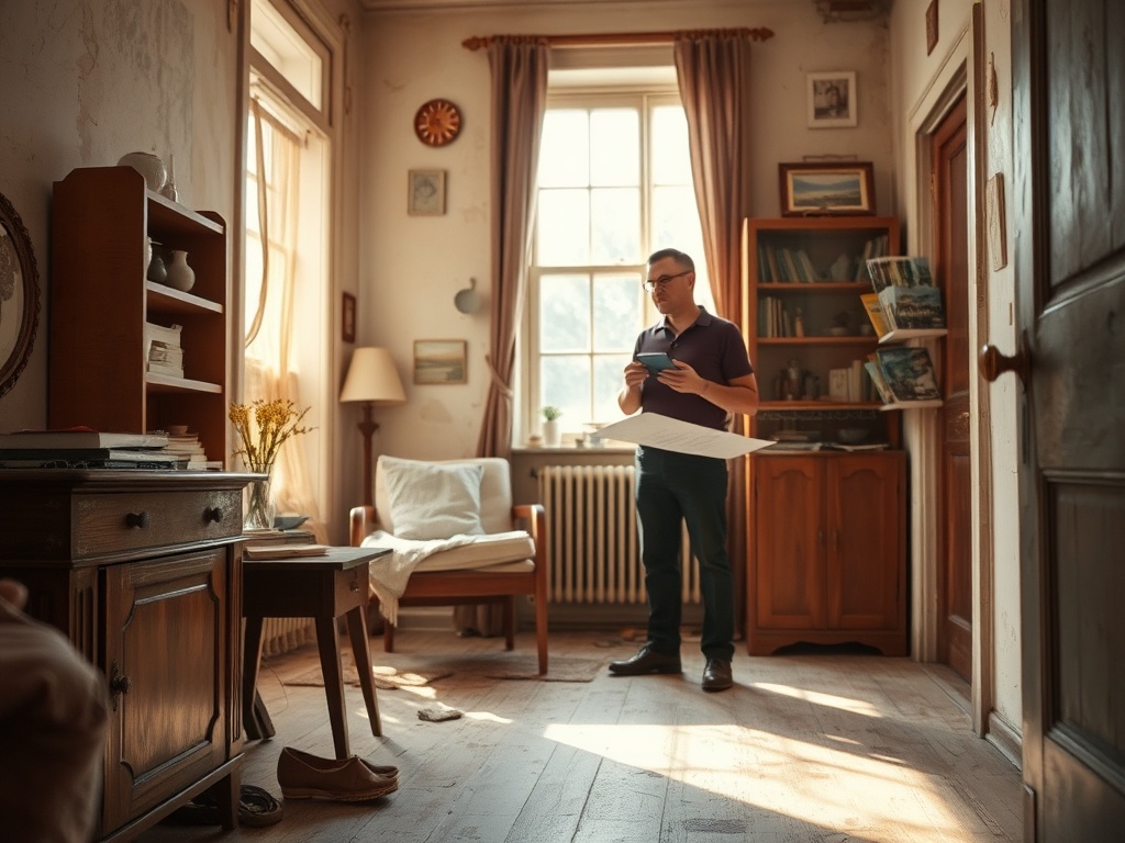 Человек стоит в уютной комнате, держа в руках планшет и лист бумаги, окружённый мебелью и светом.