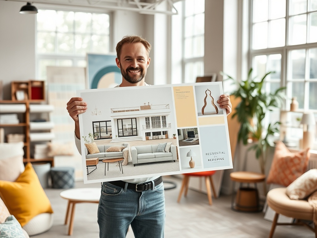 Мужчина стоит в уютном интерьере и держит плакат с дизайнерскими идеями для жилых помещений.
