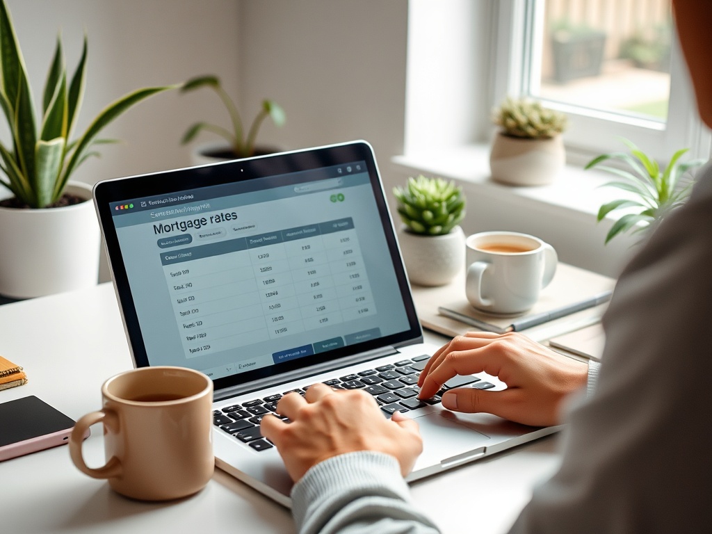 На компьютере показываются ставки по ипотечным кредитам. Рядом с ним чашка чая и небольшие растения.