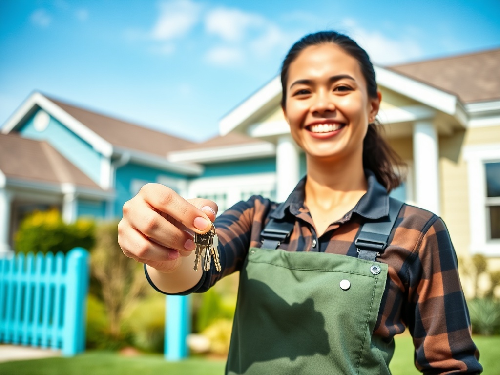 Молодая женщина в очках держит ключи на фоне дома и улыбается, стоя на улице.