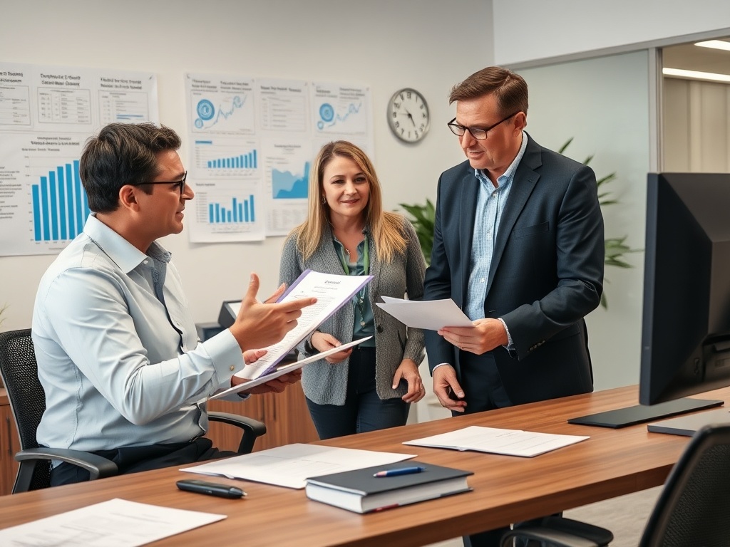 В офисе три человека обсуждают документы, рядом графики и часы на стене. Настроение дружелюбное и рабочее.