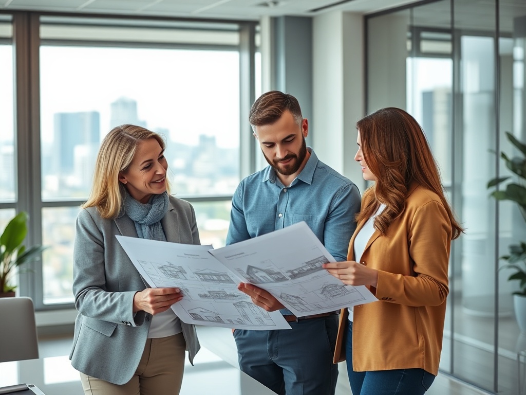 Трое людей в офисе обсуждают архитектурные планы, смотря на чертежи, стоя у окна с городским пейзажем.