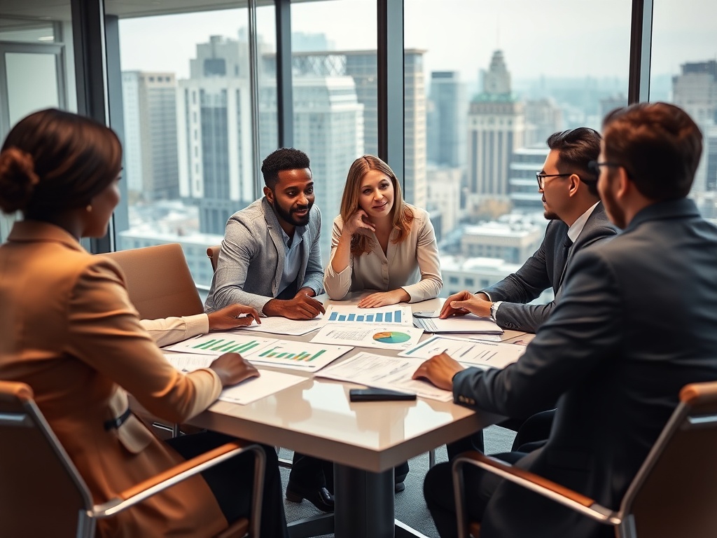 Группа из пяти человек обсуждает графики и диаграммы на заседании в офисе с панорамными окнами.