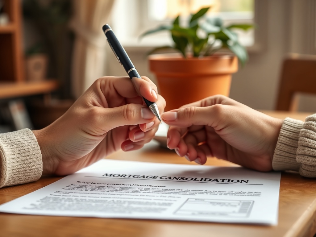 На изображении две руки держат ручку и документ о консолидации ипотечного кредита на столе.