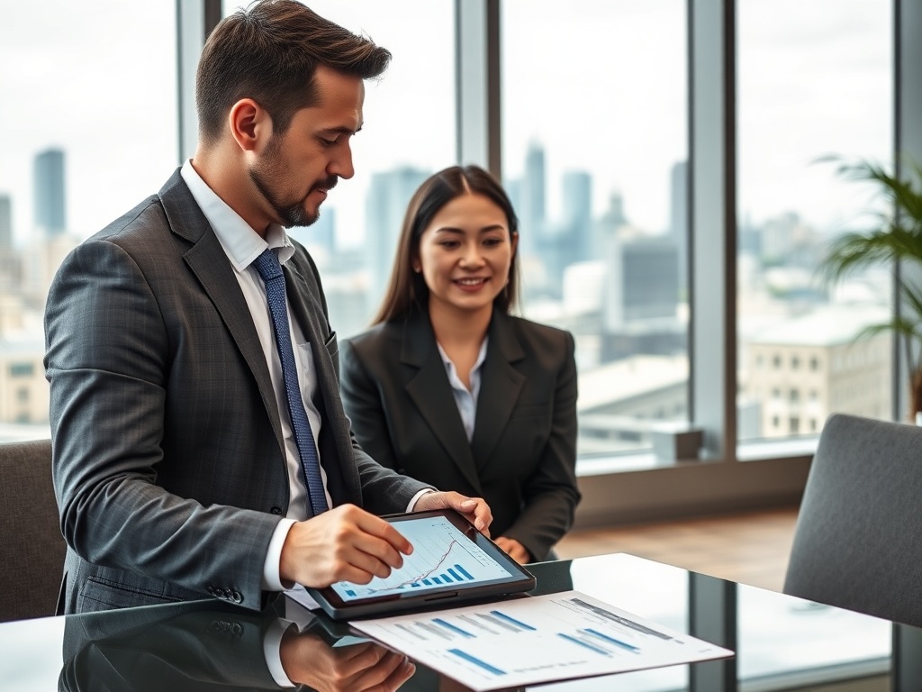 На встрече мужчины и женщины смотрят на планшет с графиками в офисе с видом на город.