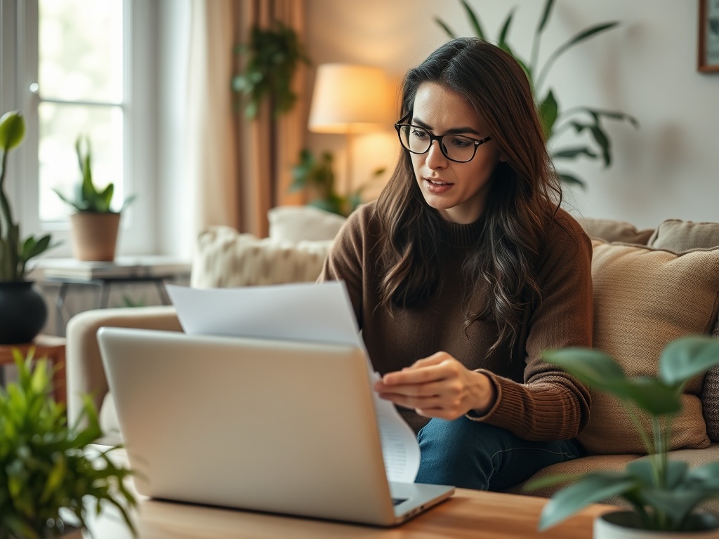 Молодая женщина с планшетом работает за ноутбуком, окруженная растениями в уютной комнате.