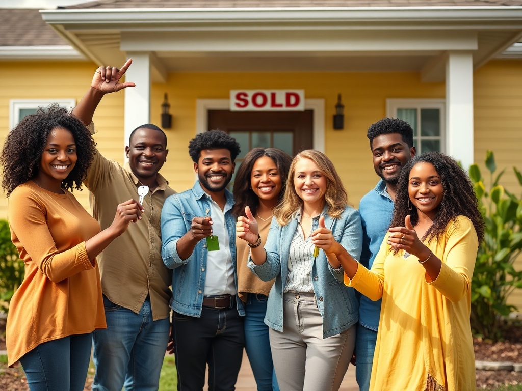 Группа людей счастливо позирует перед домом с табличкой "Продано", держат ключи и показывают жесты одобрения.