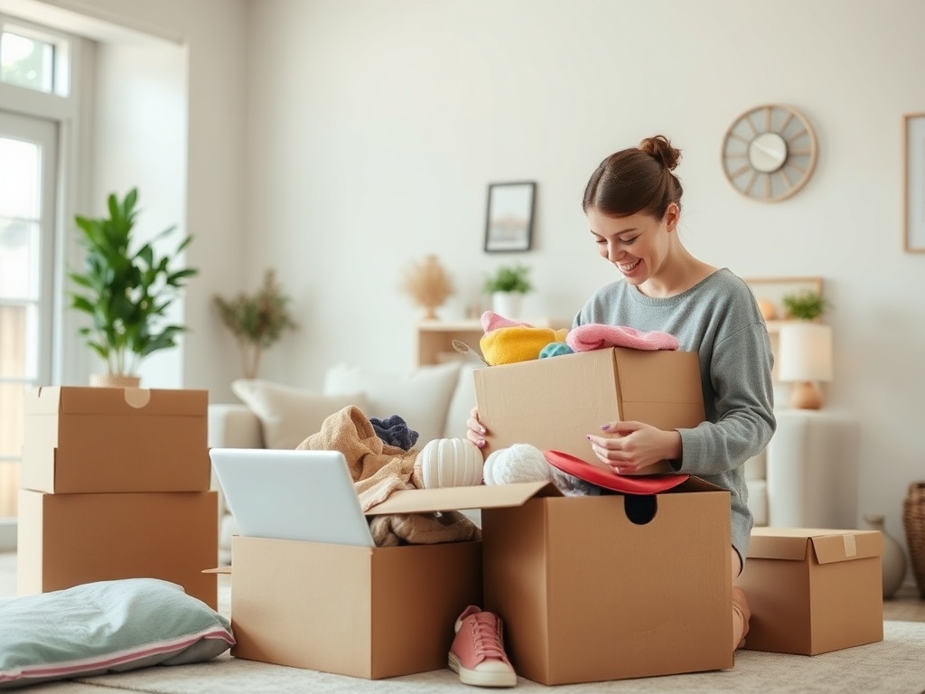 Девушка распаковывает коробки с одеждой и предметами домашнего уюта в светлой комнате.